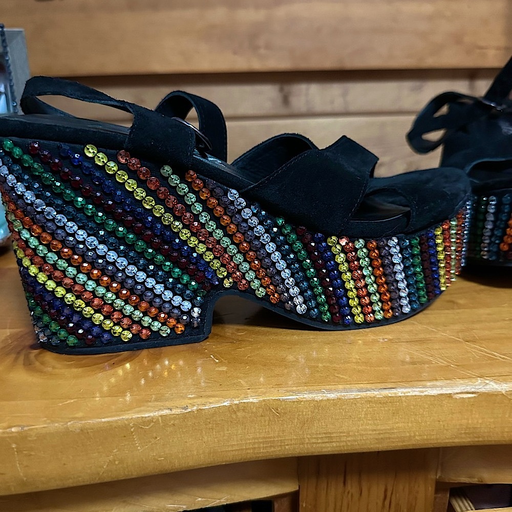 Free People Black Suede Platform Sandals with Multicolor Rhinestones